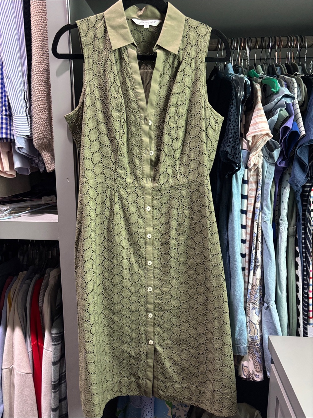 Foxcroft Olive Eyelet Sleeveless Shirt Dress